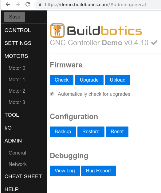 Buildbotics Admin -> General Web page